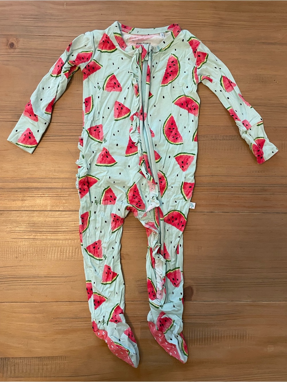 Posh Peanut Footsie 3-6 Months One-Piece Sleeper Watermelon Print Mint Ruffle
